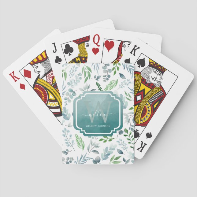 Jeu De Cartes Elégant Aquarelle Bleu Vert Feuille Foliing (dos)