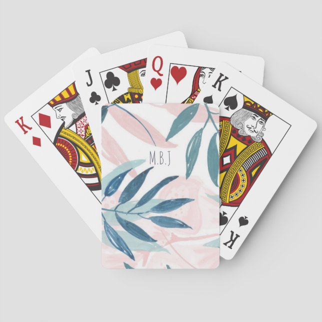 Jeu De Cartes Élégant aquarelle Pastel Feuille Monogramme (dos)