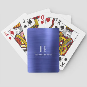 Jeu De Cartes Élégant bleu brossé nom du monogramme métallique