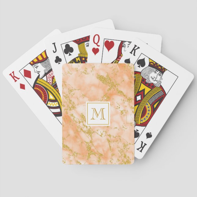 Jeu De Cartes Elégant Marbre Orange Monogramme Parties scintilla (dos)
