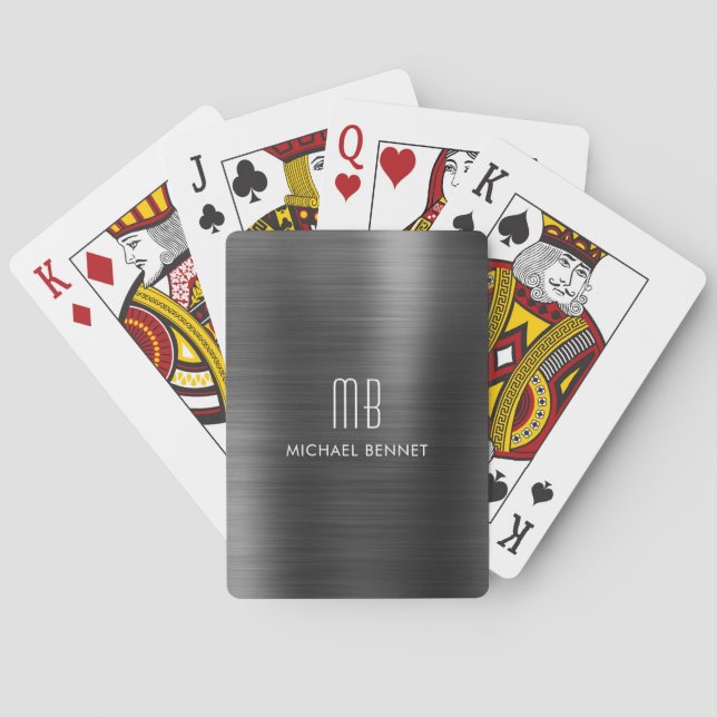Jeu De Cartes Élégant noir brossé nom du monogramme métallique (dos)