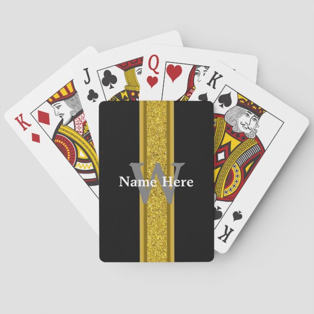 Jeu De Cartes Elégant noir et or avec Monogramme et nom (dos)