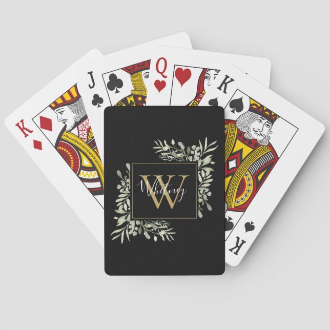 Jeu De Cartes Élégant Noir Monogramme Vert Floral (dos)