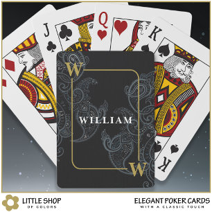 Jeu De Cartes Élégant Nom Initial Monogramme Paisley Noir Or