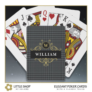 Jeu De Cartes Élégant Plaid Noir Gris Emblème Doré Monogramme No