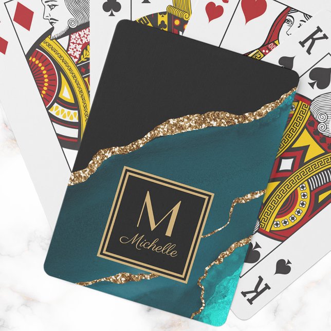 Jeu De Cartes Élégant Turquoise Noir Monogramme Or Nom initial (Elegant teal and black marble monogram playing cards. )