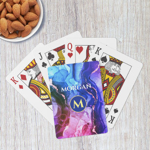Jeu De Cartes Encre Liquide Violet Rouge Bleu, Monogramme & Nom