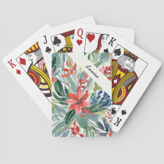 Jeu De Cartes Festive Rouge Poinsettia Elégante Aquarelle Fleurs