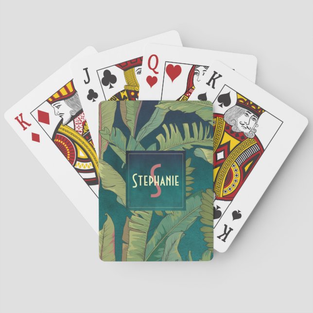 Jeu De Cartes Feuilles élégants de palme sur monogramme Turquois (dos)