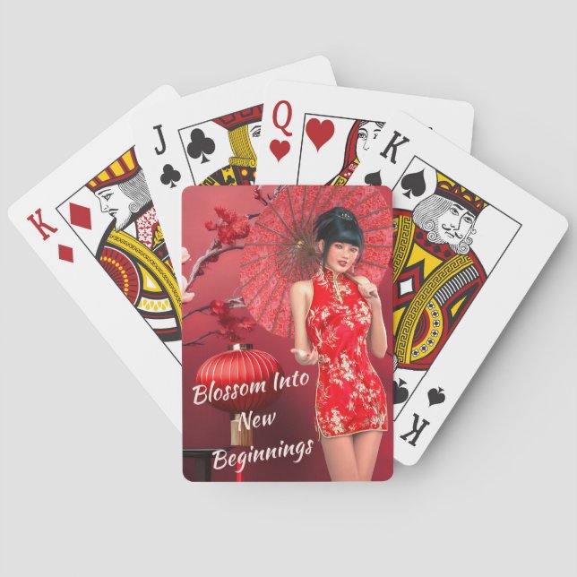 Jeu De Cartes Fille du Nouvel An chinois avec un parapluie rouge (dos)