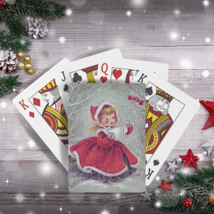 Jeu De Cartes Fille vintage des années 1950 en neige avec oiseau