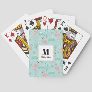 Jeu De Cartes Flamants roses rose pastel Motif vert Monogramme