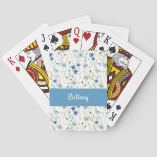 Jeu De Cartes Fleur sauvage bleu Aquarelle Nom du monogramme