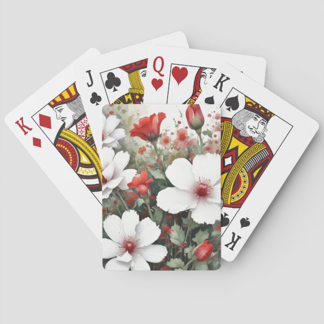 Jeu De Cartes Fleurs blanches et rouges Elégante aquarelle (dos)
