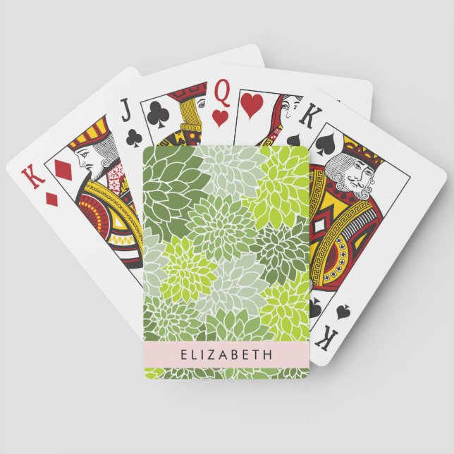 Jeu De Cartes Fleurs Dahlia Vertes, Motif Floral, Votre Nom (dos)