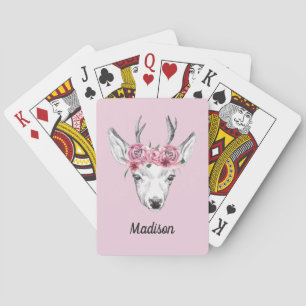 Jeu De Cartes Fleurs d'aquarelle Cerf   Ajouter Votre Nom