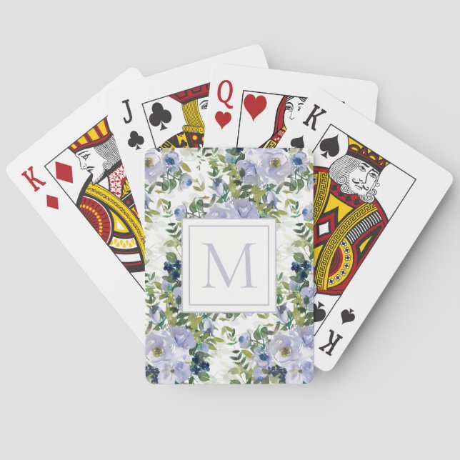 Jeu De Cartes Fleurs de monogramme aquarelle bleu poussiéreux (dos)
