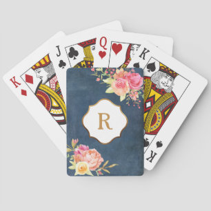 Jeu De Cartes Fleurs de monogramme doré sur texture bleu vintage