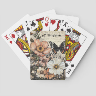 Jeu De Cartes Fleurs et papillons rustiques - Papier vieilli (14