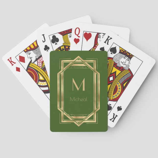 Jeu De Cartes Géométrique verte et Gold | Monogramme et nom (dos)
