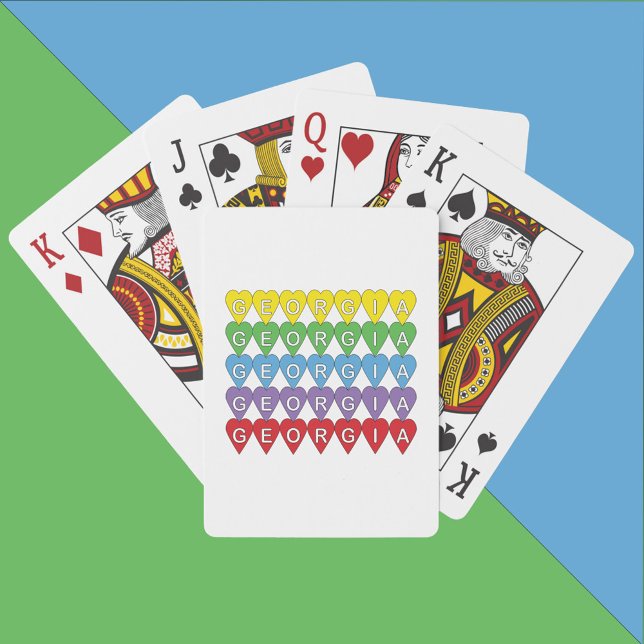 Jeu De Cartes Georgia Colorful Hearts (A deck of playing cards that say Georgia inside yellow, green, blue, purple and red hearts.)