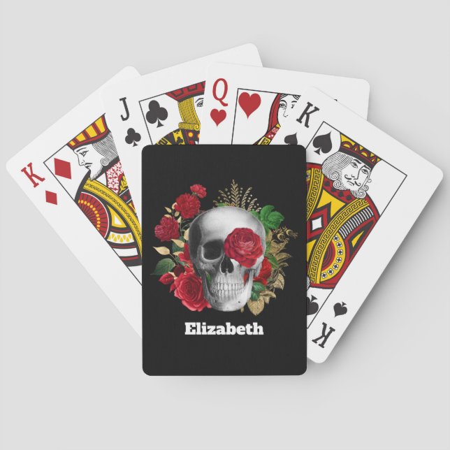 Jeu De Cartes Goth Crâne avec Fleurs rouges et Feuilles d'or (dos)