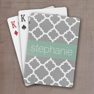 Jeu De Cartes Gray & Pastel Mint Quatrefoil Pattern Custom Name