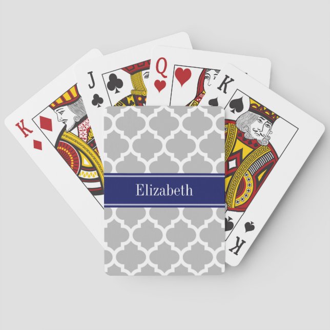 Jeu De Cartes Gris Blanc Marocain #5 Marine Nom bleu Monogramme (dos)