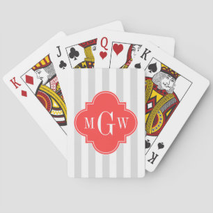 Jeu De Cartes Gris clair Gris Blanc rayures Corail Rouge Monogra