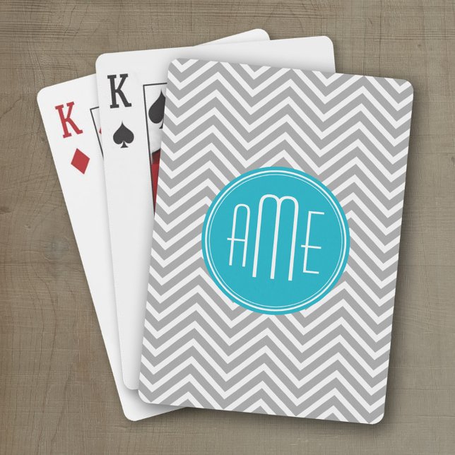 Jeu De Cartes Gris et Aqua Chevron Motif avec Monogramme moderne (Personalized playing cards with a fun area to add text such as a name or monogram)