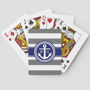 Jeu De Cartes Gris foncé Navy Preppy Anchor Monogramme rayé