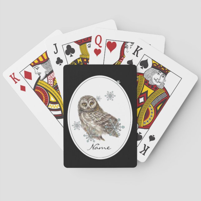 Jeu De Cartes Hibou nommé fait sur commande d'hiver d'aquarelle (dos)