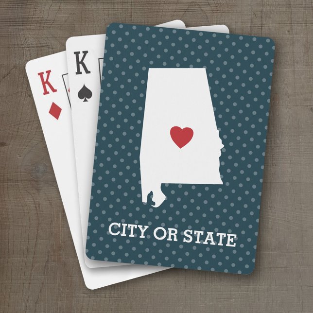 Jeu De Cartes Home State Artwork with City Option - Alabama (Personalized Playing Cards with a State Map, Movable Heart and Name)