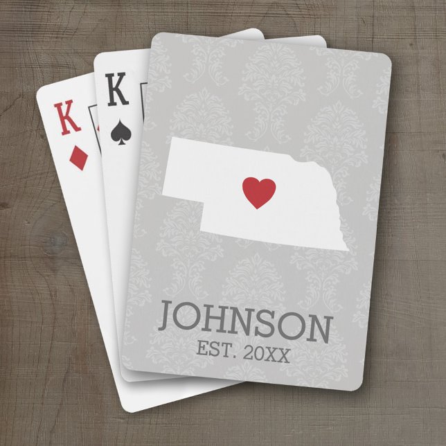 Jeu De Cartes Home State Map Art - Nom personnalisé Nebraska (Personalized Playing Cards with a State Map, Movable Heart and Name)