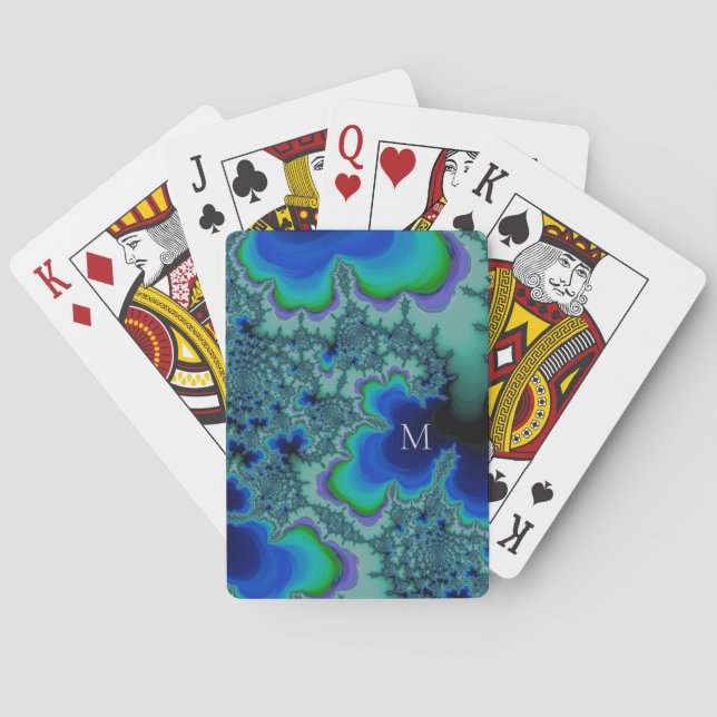 Jeu De Cartes Huitres fractales rayées bleues et vertes Monogram (dos)