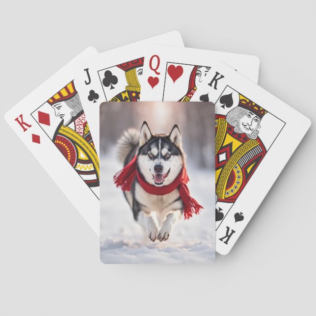 Jeu De Cartes Husky Portant Une Écharpe D'Hiver Rouge (dos)