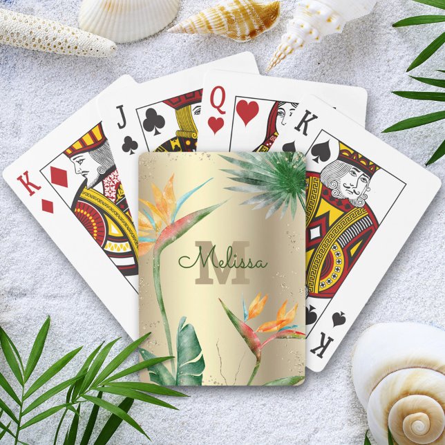Jeu De Cartes Ile tropicale Monogramme floral Script Gold Foil (Créateur téléchargé)