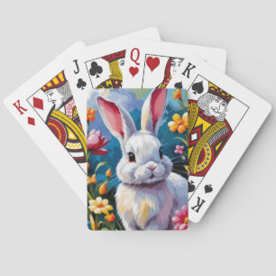 Jeu De Cartes Joli Lapin Blanc Entouré de Fleurs Vibrantes