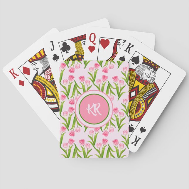 Jeu De Cartes Joli Tulipe rose Fleurs Florales Feuille Monogramm (dos)