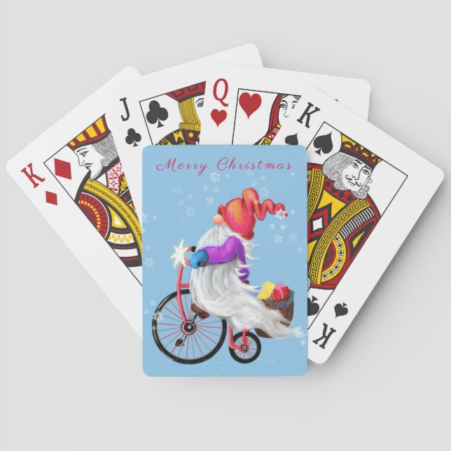 Jeu De Cartes Joyeux Noël - Gnome drôle avec vélo et cadeaux  (dos)