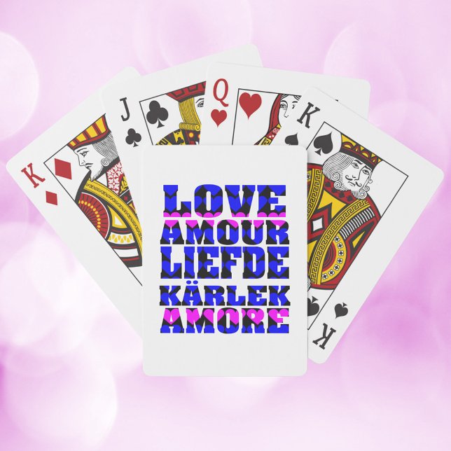 Jeu De Cartes L'amour dans les langues étrangères Coeurs Bleu ro (A deck of playing cards that says love in a variety of languages on the back with pink & blue hearts)