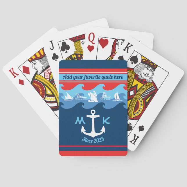 Jeu De Cartes L'Ancre de monogramme ondule nautique bleu blanc (dos)
