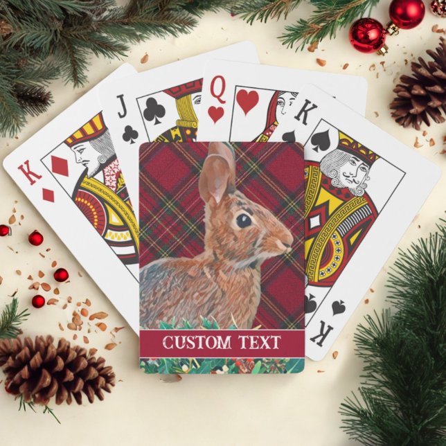 Jeu De Cartes Lapin avec baies Holly et Plaid personnalisable (Christmas cards with a rabbit and custom text make a great, personal stocking stuffer!)