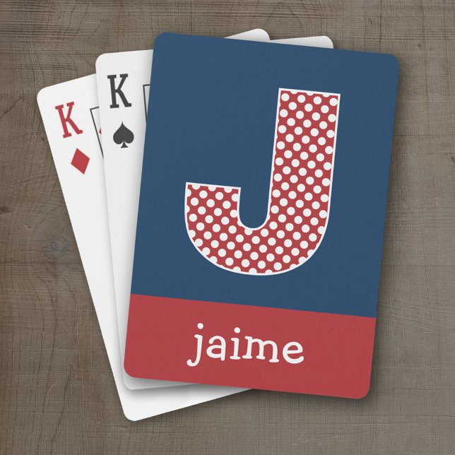 Jeu De Cartes LETTRE J MONOGRAPHIQUE marine et Pois rouges (Personalized Playing Cards - Large Monogram)