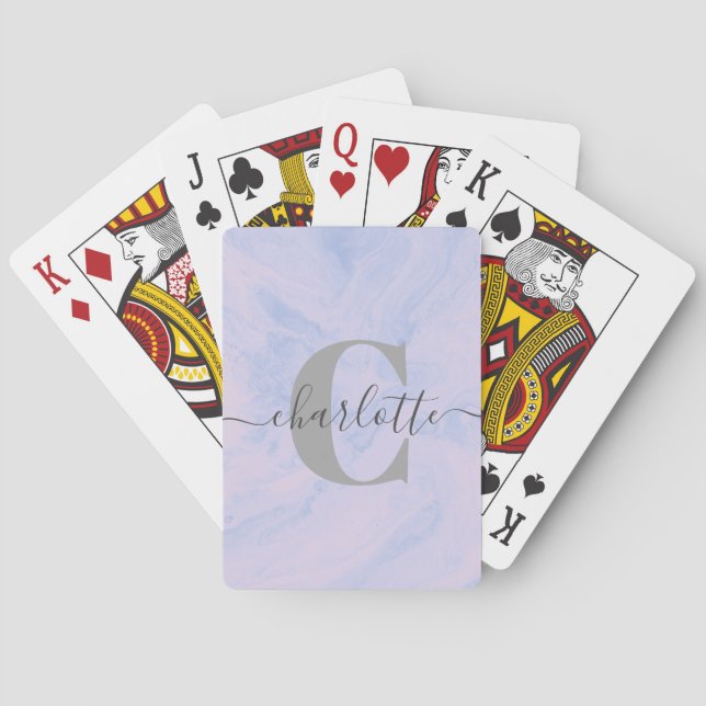 Jeu De Cartes Lilac Lavender Marbre Élégant Nom du monogramme (dos)