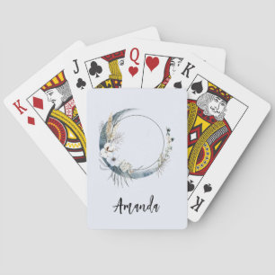Jeu De Cartes Lune de croissant bleu avec fleurs blanches