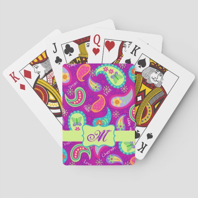 Jeu De Cartes Magenta Purple Vert moderne Paisson Monogramme (dos)