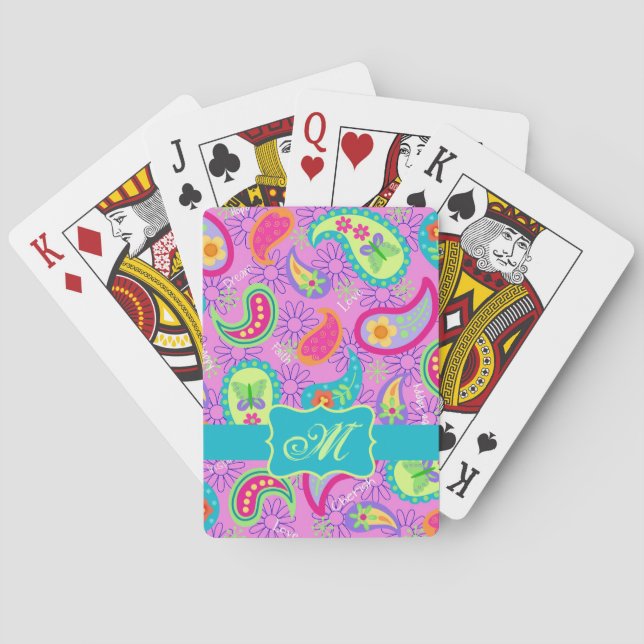 Jeu De Cartes Magenta rose Turquoise moderne Paisley Monogramme (dos)