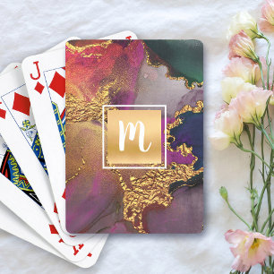 Jeu De Cartes Marbre aquarelle or violet marine vert monogramme