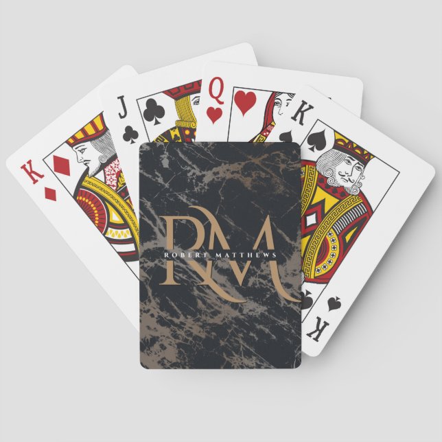 Jeu De Cartes Marbre Monogrammé Noir Initiales Or Élégant (dos)